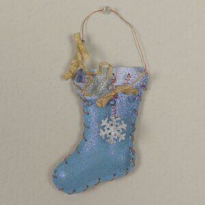 Handmade Blue White 2 Glitter Ornaments Christmas Stocking Metal 5.5" Snowflake